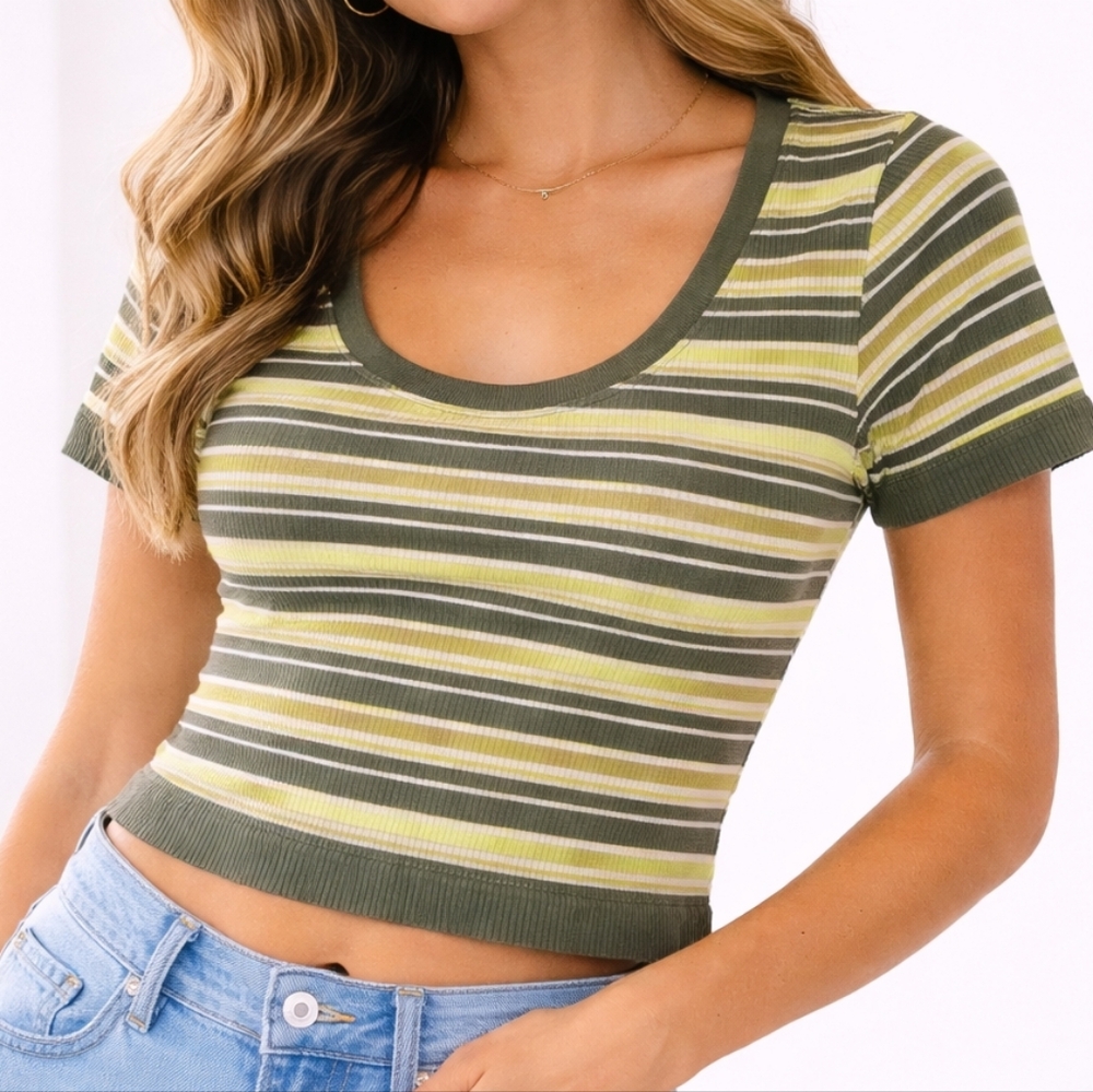 Aerie Green and White Striped Cropped Baby Tee